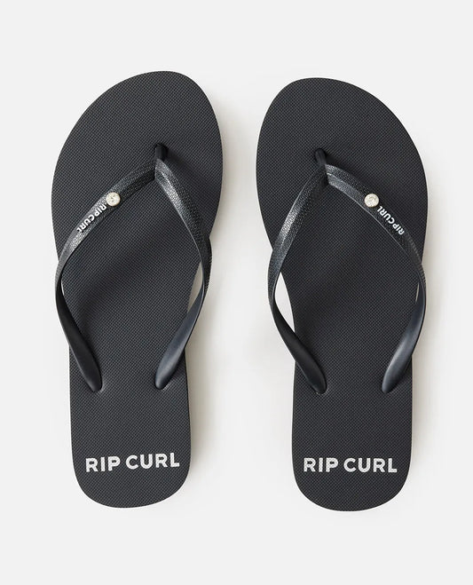 Black Rip Curl flip-flops on a white background