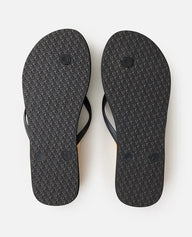 Black flip-flops with textured sole on a white background