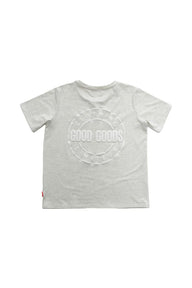 oat marle t-shirt with 'Good Goods' logo on a white background