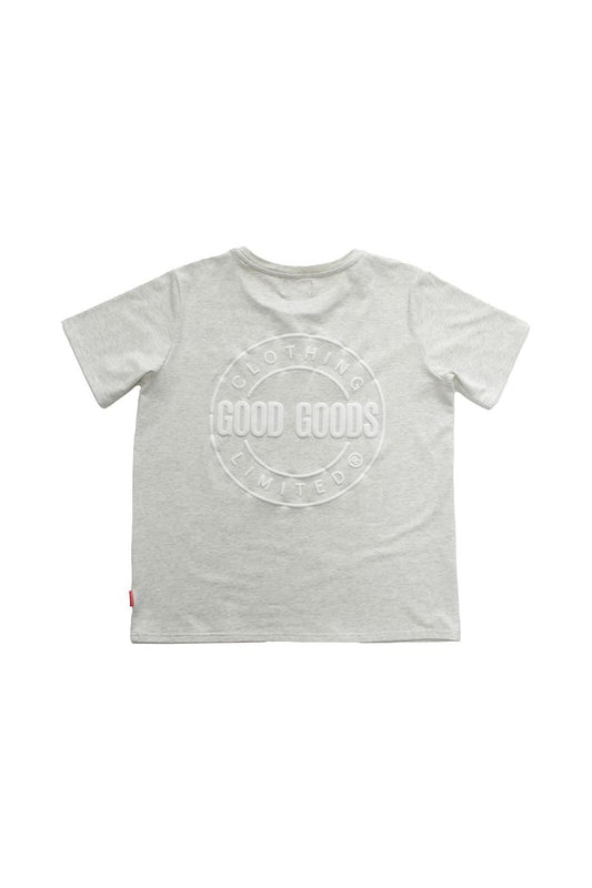 oat marle t-shirt with 'Good Goods' logo on a white background