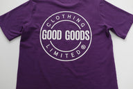Purple t-shirt with 'Good Goods Limited' logo on a white background
