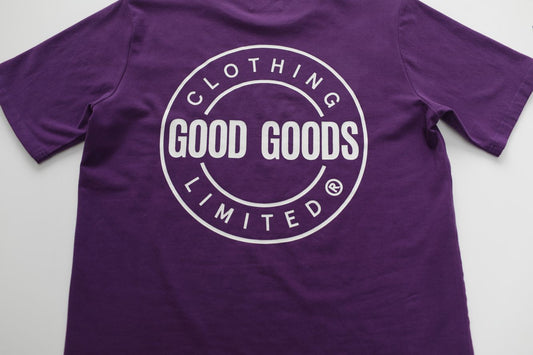 Purple t-shirt with 'Good Goods Limited' logo on a white background