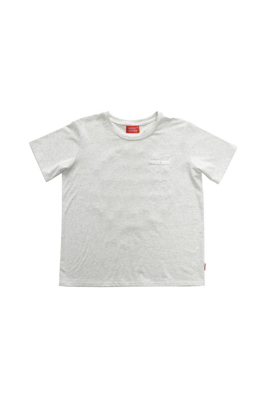 oat marle t-shirt with a small logo on a white background