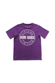 Purple t-shirt with 'Good Goods' logo on a white background