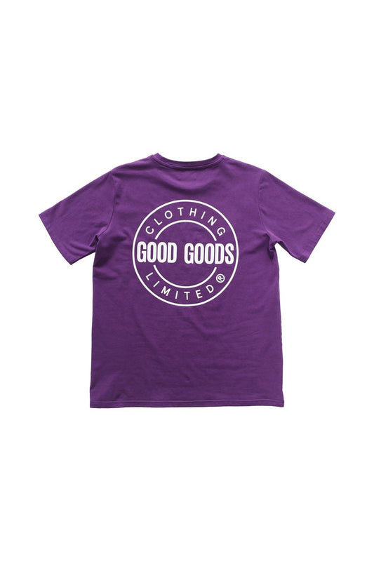 Purple t-shirt with 'Good Goods' logo on a white background