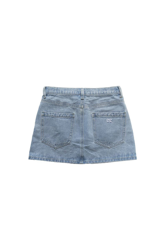 Light blue denim skirt on a white background