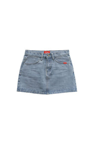 Denim skirt with red labels on a white background