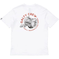 White t-shirt with Salty Crew fishing reel graphic on a white background