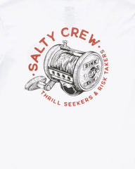 Salty Crew logo with fishing reel illustration on a white background