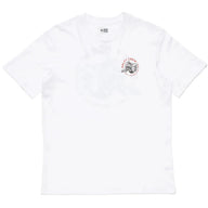 White t-shirt with a small logo on the chest against a white background