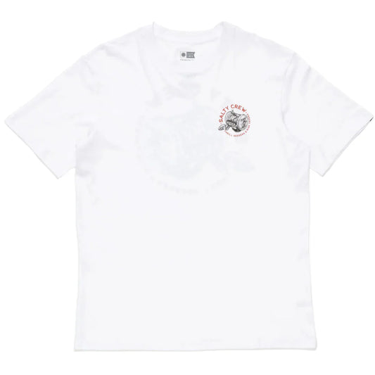 White t-shirt with a small logo on the chest against a white background