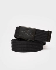 Black web belt with a black buckle on a white background