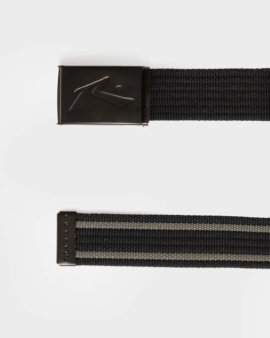 A close-up of a woven belt strap in black and gray with a black metal buckle featuring an embossed stylized logo, shown on a light gray background.