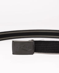 Black belt with a metallic buckle on a white background