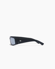 Black sunglasses with a logo on a white background