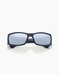 Black sunglasses with blue lenses on a white background