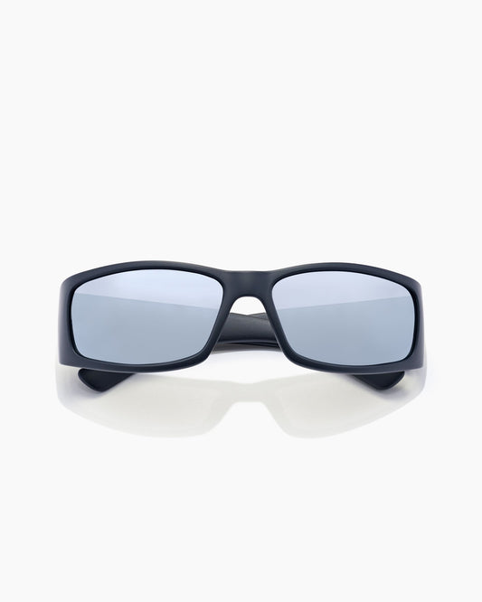 Black sunglasses with blue lenses on a white background