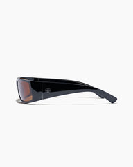 Black sunglasses with a reflective lens on a white background