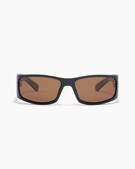Sunglasses with black frame and brown lenses on a white background