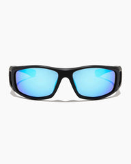 Black sunglasses with blue lenses and white background