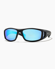 Black sunglasses with blue lenses and white background
