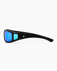Black sunglasses with blue lenses and white background