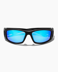 Black sunglasses with blue lenses and white background