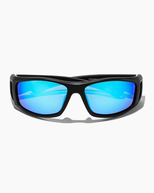 Black sunglasses with blue lenses and white background