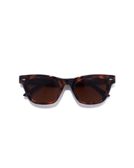 Sunglasses with tortoiseshell frame and brown lenses on a white background