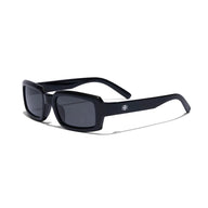 Black sunglasses with a logo on a white background