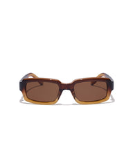 Sunglasses with a brown and black frame on a white background
