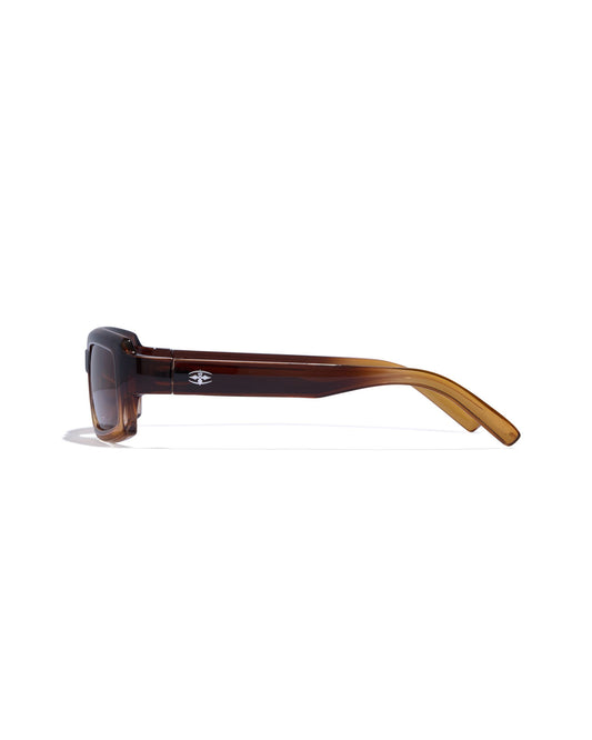 Sunglasses with brown frame and dark lenses on a white background