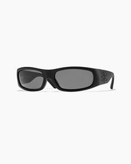 Black sunglasses with a brand logo on a white background