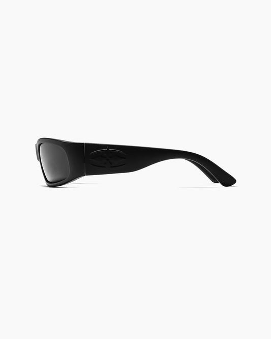 Black sunglasses with a reflective lens on a white background