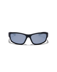 Black sunglasses with blue lenses on a white background