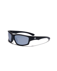 Black sunglasses with a logo on a white background