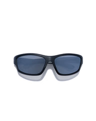 Black sunglasses with blue lenses on a white background