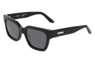 Black sunglasses with a brand logo on a white background