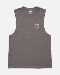 Gray sleeveless shirt with a logo on a white background