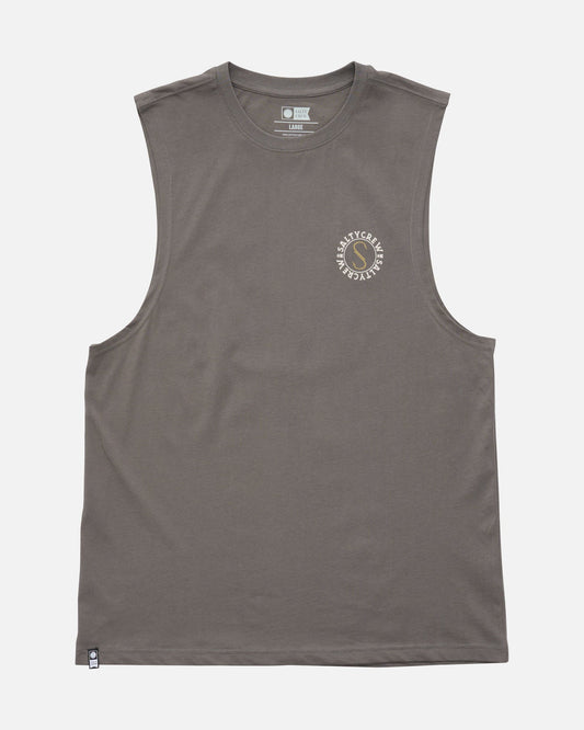 Gray sleeveless shirt with a logo on a white background