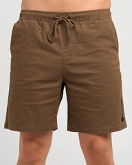 Brown shorts with a drawstring on a gray background