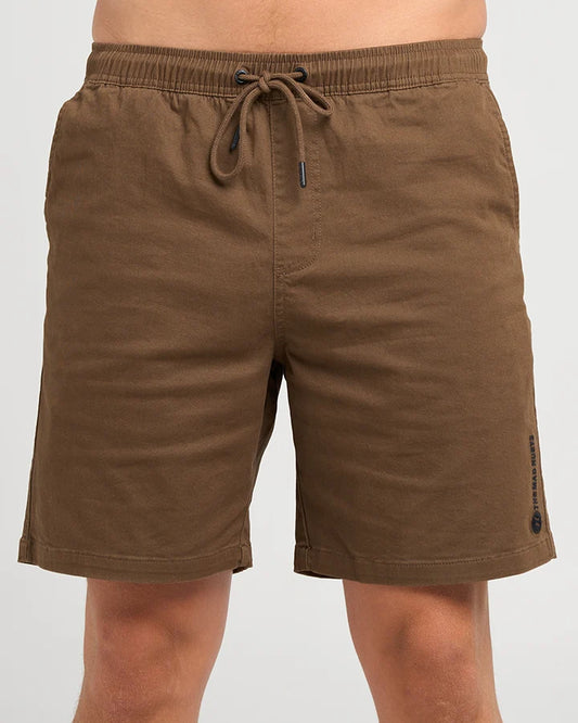Brown shorts with a drawstring on a gray background