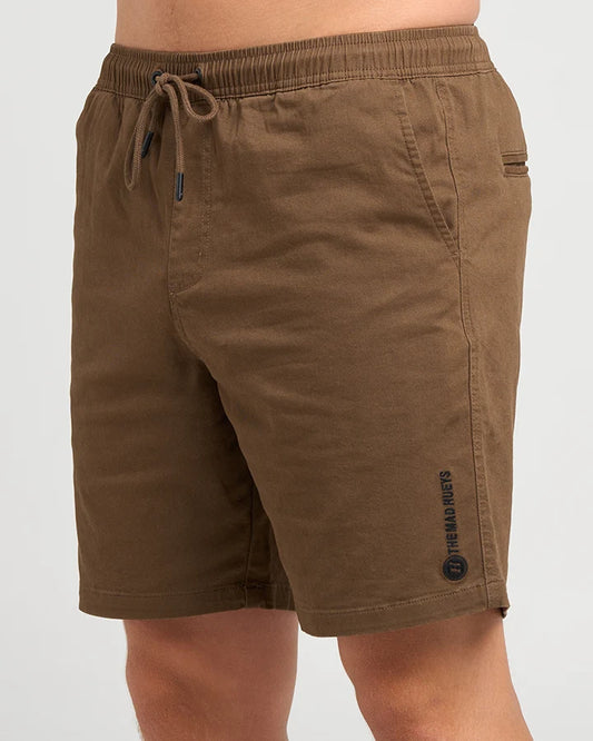 Brown shorts with a brand logo on a white background