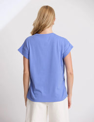 Person wearing a blue t-shirt on a plain background