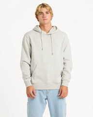 Man wearing a light gray hoodie and light blue jeans on a white background