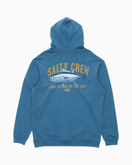 A blue hoodie shown from the back, featuring a graphic print of a tuna fish with the text 'SALTY CREW' in yellow and 'FIND REFUGE IN THE SEA' below it, on a plain white background.