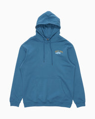 Blue hoodie with a logo on the chest against a light gray background