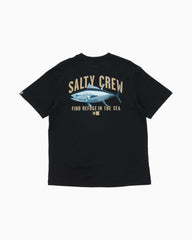 Black t-shirt with Salty Crew logo and fish graphic on a white background