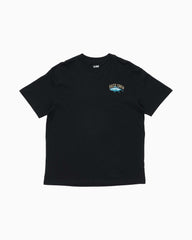 Black t-shirt with a logo on the chest against a white background
