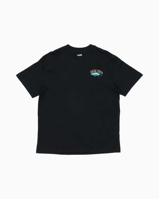 Black t-shirt with a logo on the chest against a white background